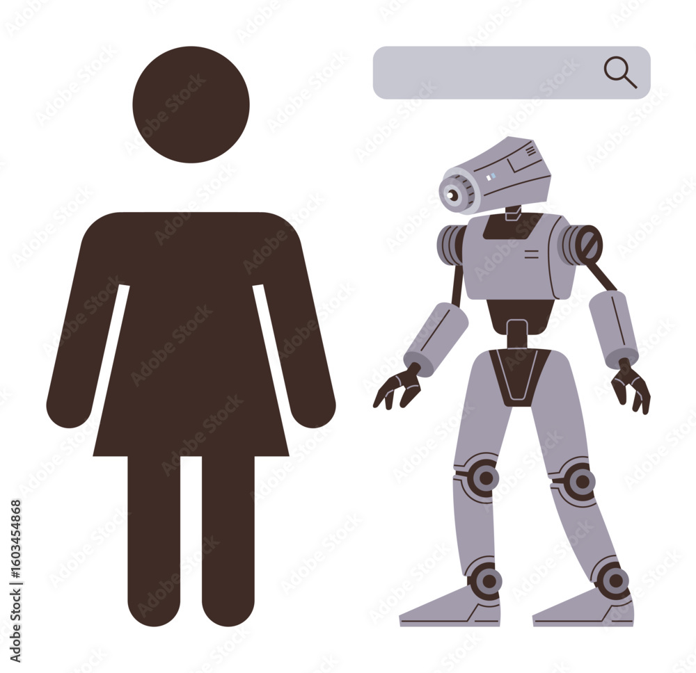 Poster human silhouette and futuristic robot standing next to search bar. emphasizes technology, ai integra