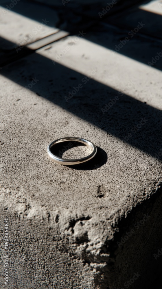 Poster silver placed on rough concrete surface with shadows and sunlight creating contrast and depth in an 