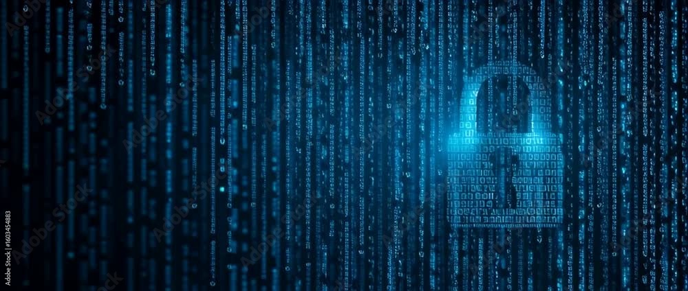 Poster cybersecurity banner with a padlock symbol and a digital matrix background on a dark blue background