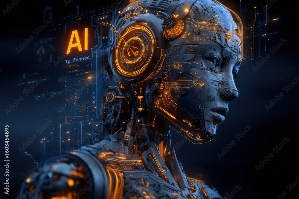 Poster futuristic humanoid robot head with advanced orange glowing circuits and digital interface technolog