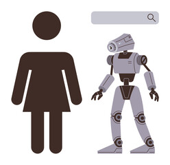 Human silhouette and futuristic robot standing next to search bar. Emphasizes technology, AI integration, human-machine relationship. Ideal for innovation, tech progress, future concepts, robotics