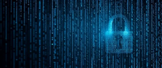 Cybersecurity banner with a padlock symbol and a digital matrix background on a dark blue background technology concept for an online protection system or web security service Generative AI - Powered by Adobe