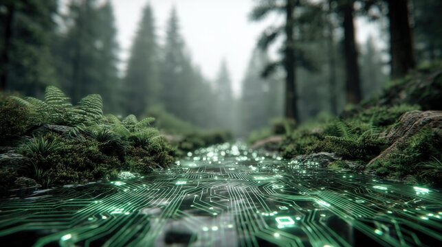 Futuristic digital landscape of a lush green forest with glowing circuit pathways and tall trees under misty sky for technology and nature fusion concept