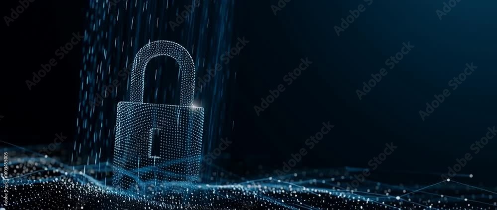 Poster a dark blue background with a digital padlock and data visualization, representing the concept of se