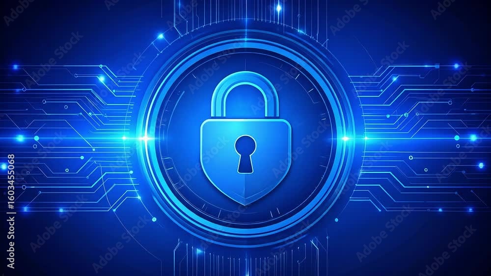 Poster digital security concept with a padlock and glowing circuits background