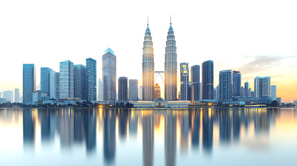Obraz premium Modern Kuala Lumpur skyline illustration featuring iconic Malaysian skyscrapers isolated on a white background, highlighting urban architecture and city landmarks