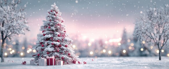 A snow-covered Christmas tree adorned with red ornaments and gifts stands in a serene winter landscape, evoking holiday cheer and tranquility.