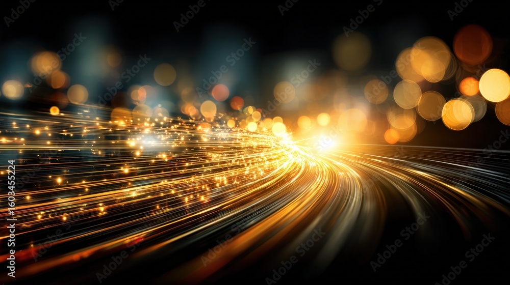 Poster abstract motion blur illustration of dynamic fast-moving light trails with glowing particles and bok