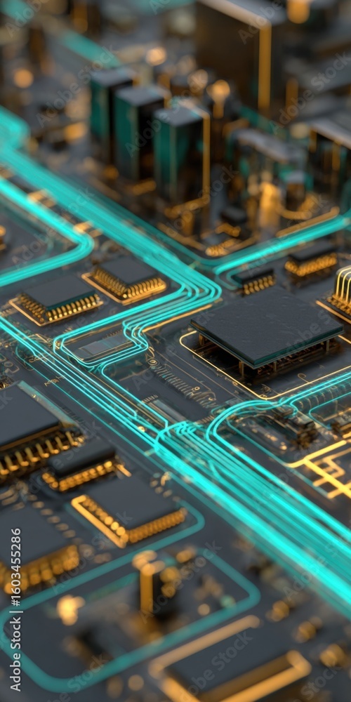 Poster highresolution closeup of a modern electronic circuit board with microchips and illuminated pathways
