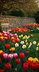 Colorful tulips by stone wall and bench