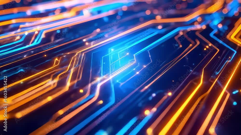Aufkleber futuristic circuit board with glowing blue and orange data streams animation