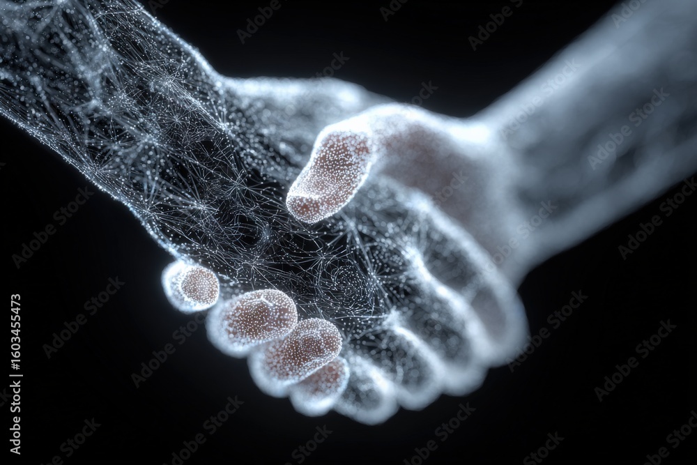 Poster close-up of two hands shaking made of digital wireframe mesh representing connection, trust, and tec