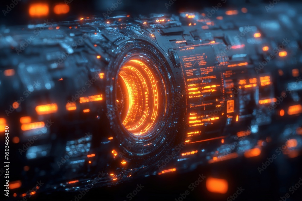 Poster futuristic high-tech digital interface with glowing orange and blue holographic elements and complex