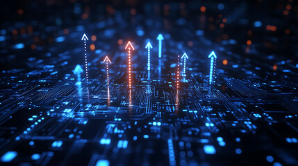 Vector graphic of investment growth with rising arrow, tech circuitry, and economic data lines on navy blue background, representing financial progress and innovation