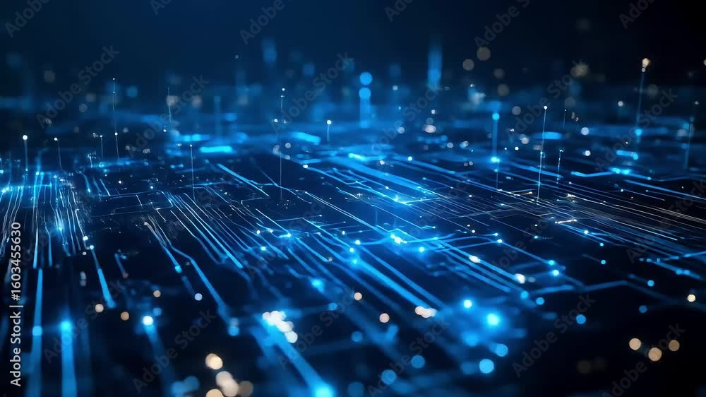 Poster futuristic technology circuit board with glowing data streams animation