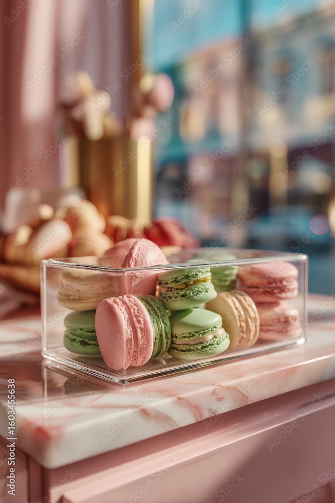 Aufkleber colorful assorted macarons displayed in a clear glass container on a marble counter with a bright in