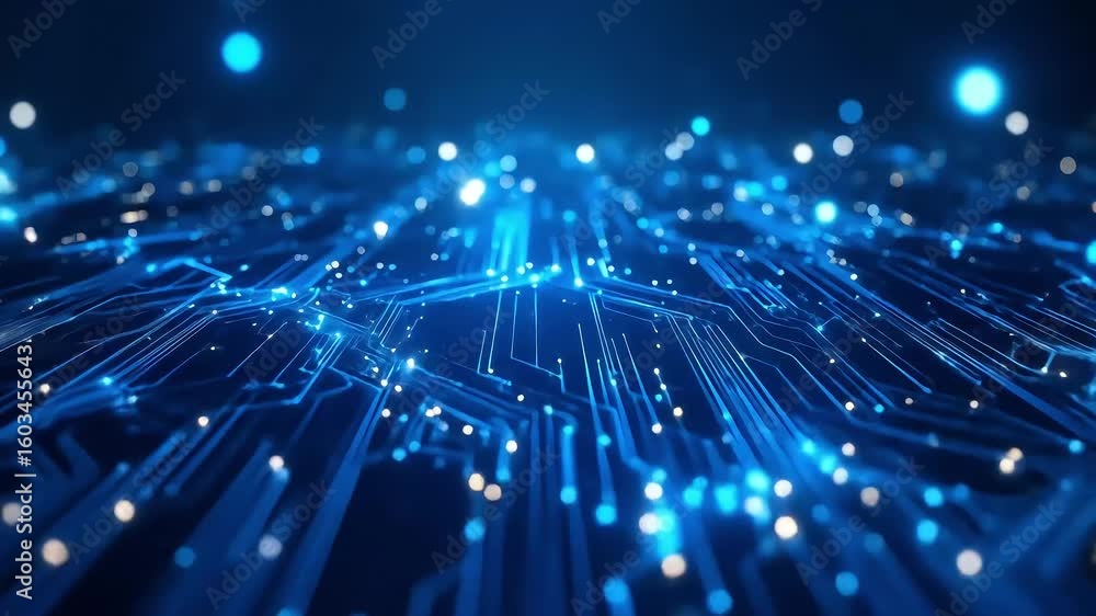 Poster futuristic circuit board animation with glowing lights and data flow