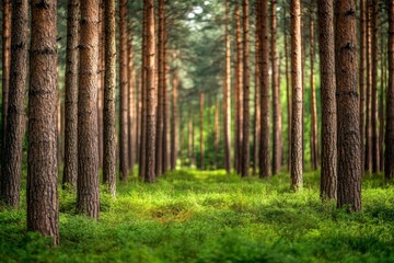 Naklejka premium The image has a blurred pine forest in the background, accompanied by lush green grass with blueberry tones, and a sharp focus on the foreground