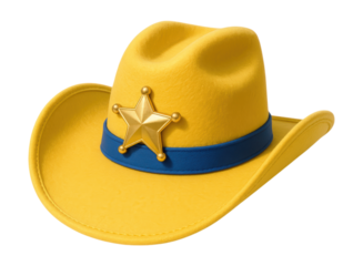 A bright yellow felt cowboy sheriff hat with a blue band and a shiny gold star badge, Isolated on Transparent and White Background