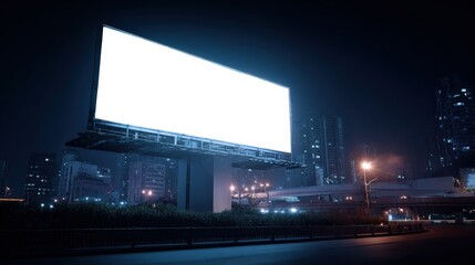 Large illuminated digital billboard billboard displaying blank white screen on dark urban cityscape at night with skyscrapers and streetlights