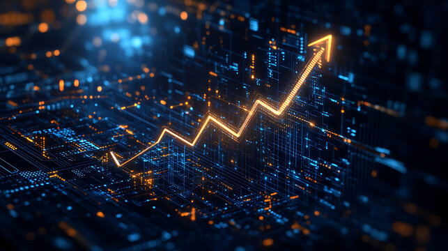Futuristic business growth arrow integrating circuit patterns and rising financial data, set on a deep blue backdrop to reflect digital innovation and investment progress