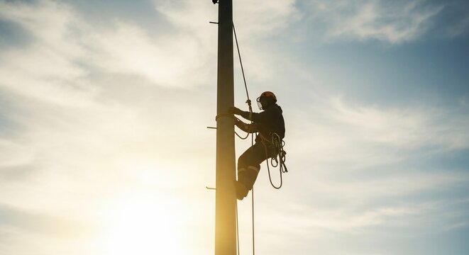 Silhouetted Climber Ascending Utility Pole at Sunset: A Dramatic Backlit Image.