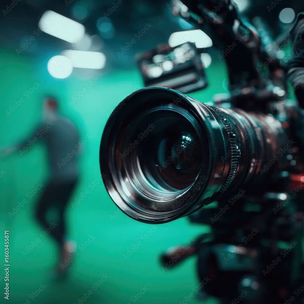 Poster professional digital video camera with large lens mounted on tripod captu footage in modern studio s