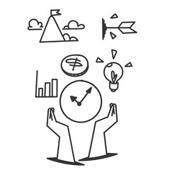 hand holding clock with business strategy plan data chart in doodle icon