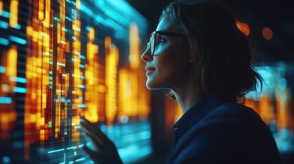 Woman analyzing digital data on screen, technology and innovation focus, modern business concept