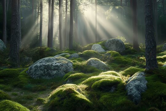 A thick carpet of fresh green moss covers the floor of a forest in Sweden, where fir and pine trees abound - Powered by Adobe