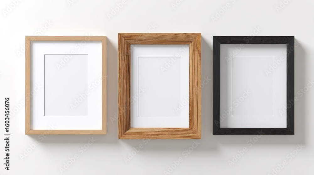 Poster three empty picture frames made of different materials in a row on a white wall with space for artwo