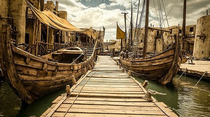 Ancient port scene with wooden ships