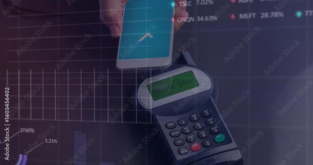 Poster hand holding phone above pos terminal animating rising charts showing data fading after payment tap