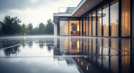Fototapeta premium Modern House Reflection on Wet Patio During Rain