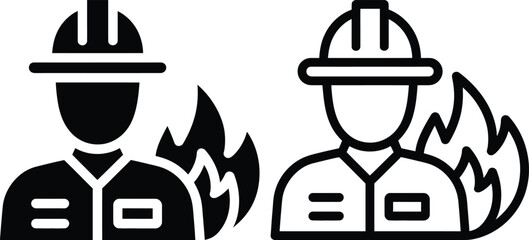 Firefighter icon in solid and outline styles with flame element
