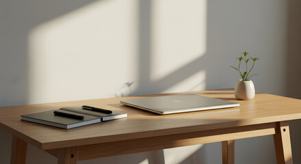 Fototapeta premium Minimalist workspace featuring a closed laptop notebook pens and a small plant