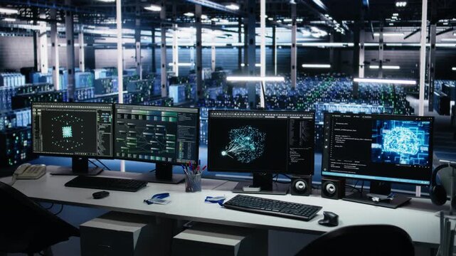 Data center computers showing neural network visualization and code debugging tools running. PC systems in server room powering machine learning and automated research tasks
