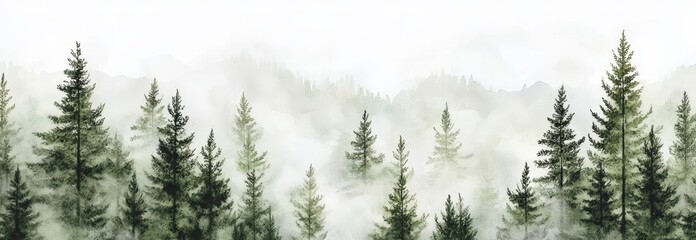 A travel illustration featuring Scandinavian nature includes a seamless watercolor pattern of a mountain landscape, with green mountains and forest as its main elements