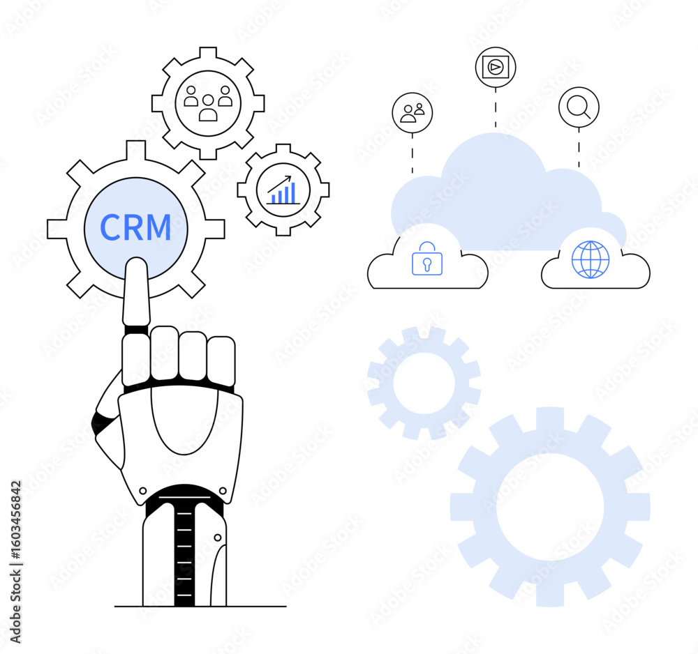 Poster robotic hand interacting with crm gear, clouds symbolizing data storage, user icons for connectivity