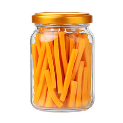 Glass Jar Filled with Bright Orange Vegetable Sticks on a Black Background
