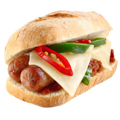 Delicious hot dog with cheese and peppers on a dark background close up