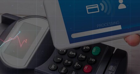 User tapping phone on terminal, payment graphs oscillating and converging to authorize transaction - Powered by Adobe