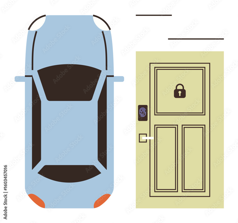 Poster car and locked door with biometric keypad system implying security and convenience. ideal for smart 