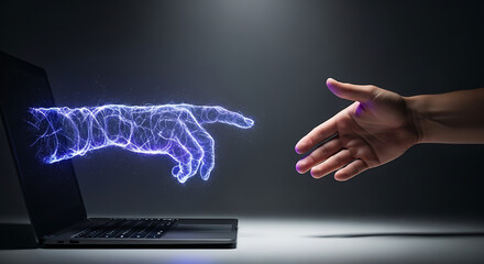 Futuristic digital handshake of vibrant data streams over laptop, symbolizing global technological collaboration, seamless connectivity, and dynamic information flow.