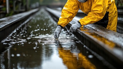 researcher in lab gear meticulously gathers water samples from sewage treatment tank for laboratory analysis, emphasizing importance of clean water initiatives in environmental science