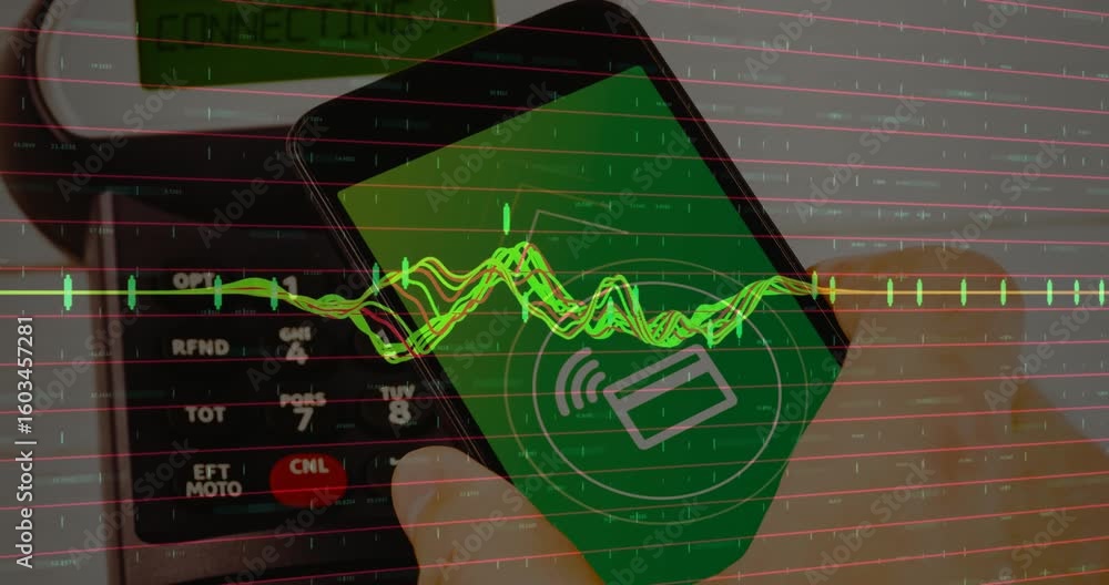 Poster hand moving contactless smartphone close to terminal, waveform fading, pulsing for transaction end