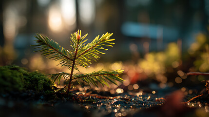 Young Conifer Sapling in Morning Sunlight