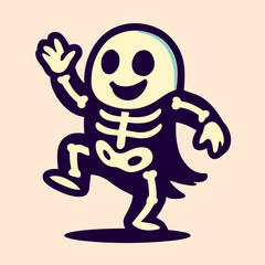 A ghost in a skeleton costume strikes a silly dance pose with one arm raised and one leg bent, blending adorable charm with eerie vibes on a minimalist background.