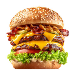 Delicious Double Cheeseburger with Bacon and Fresh Vegetables on a Black Background