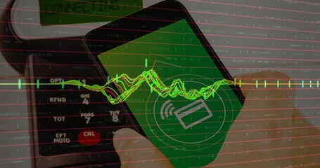 Hand moving contactless smartphone close to terminal, waveform fading, pulsing for transaction end - Powered by Adobe